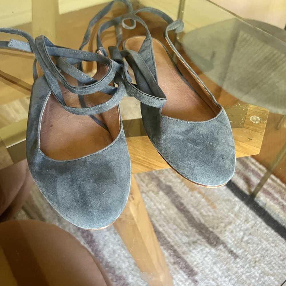 Madewell Women's Blue suede flats with wrap around ankle straps
